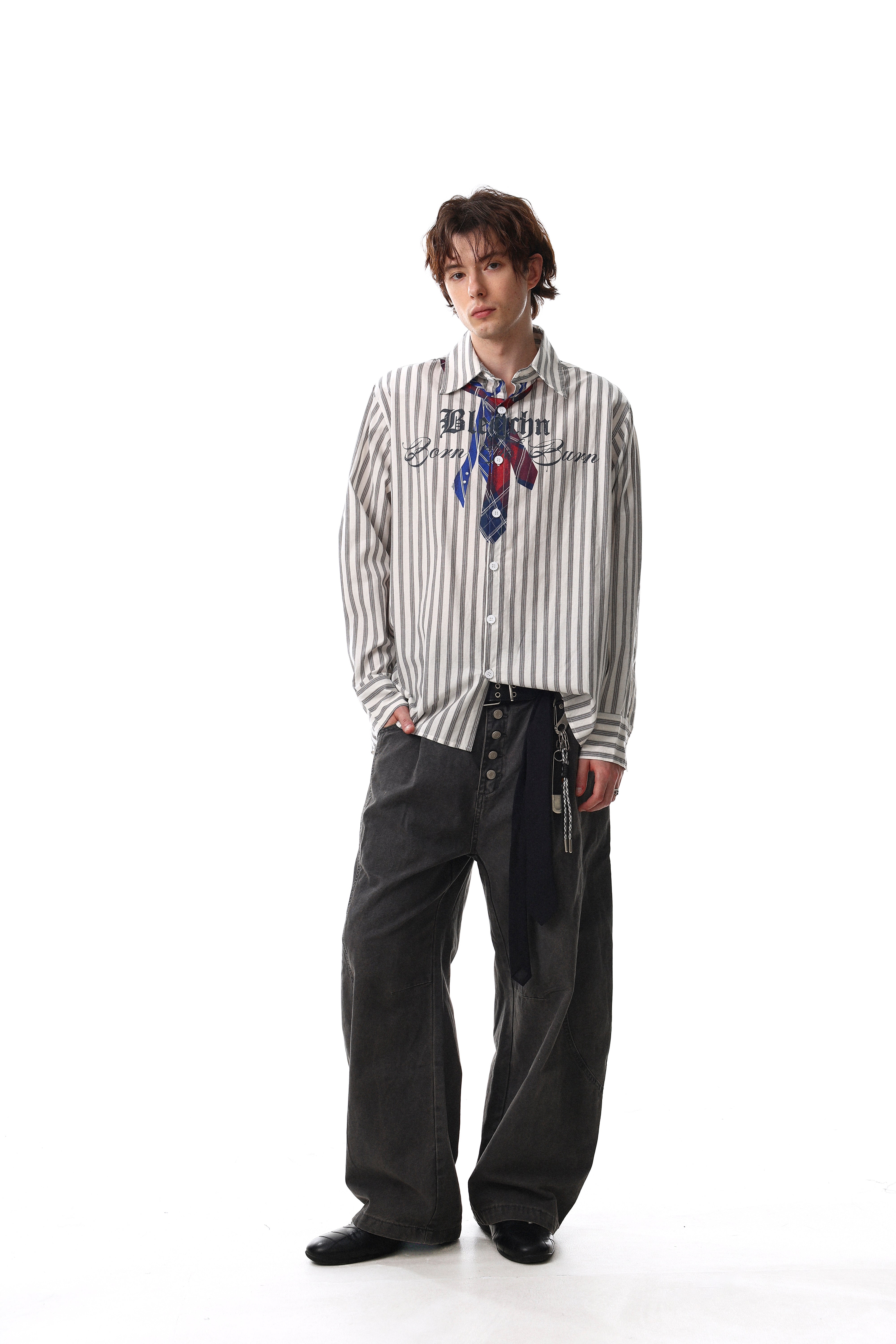 3-6-5.shop Striped Tie-Detail Button-Up Shirt