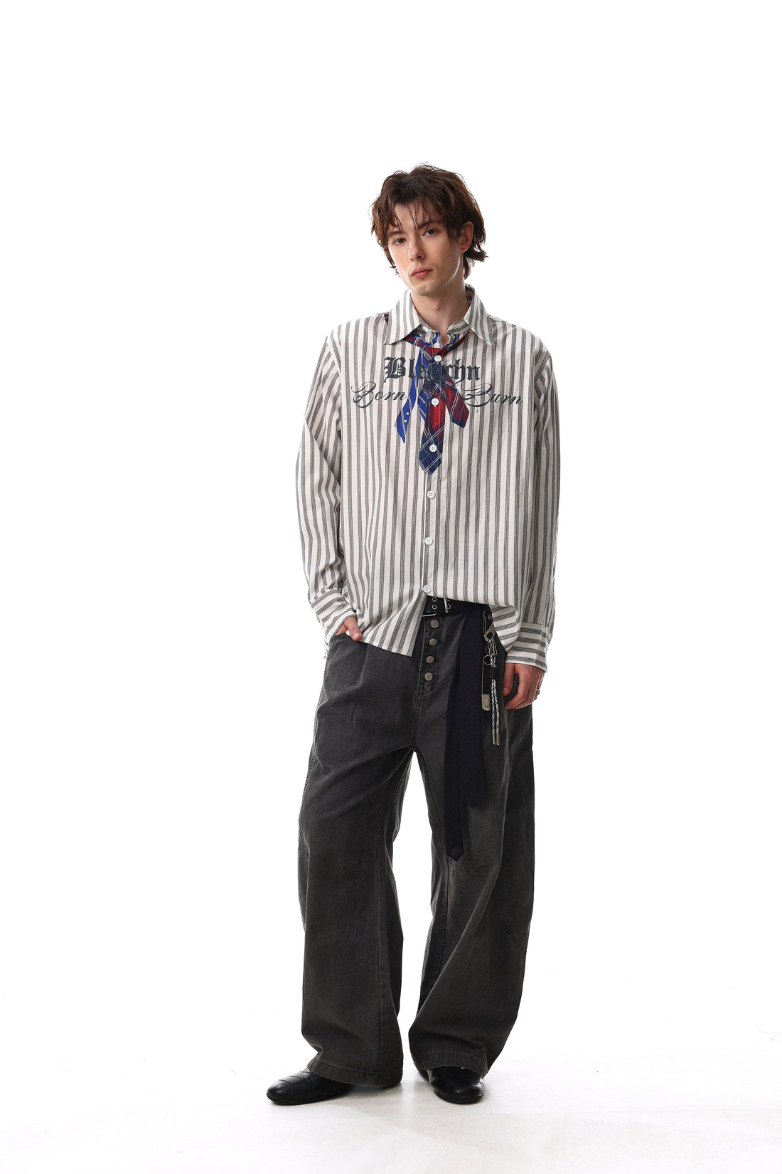 3-6-5.shop Striped Tie-Detail Button-Up Shirt