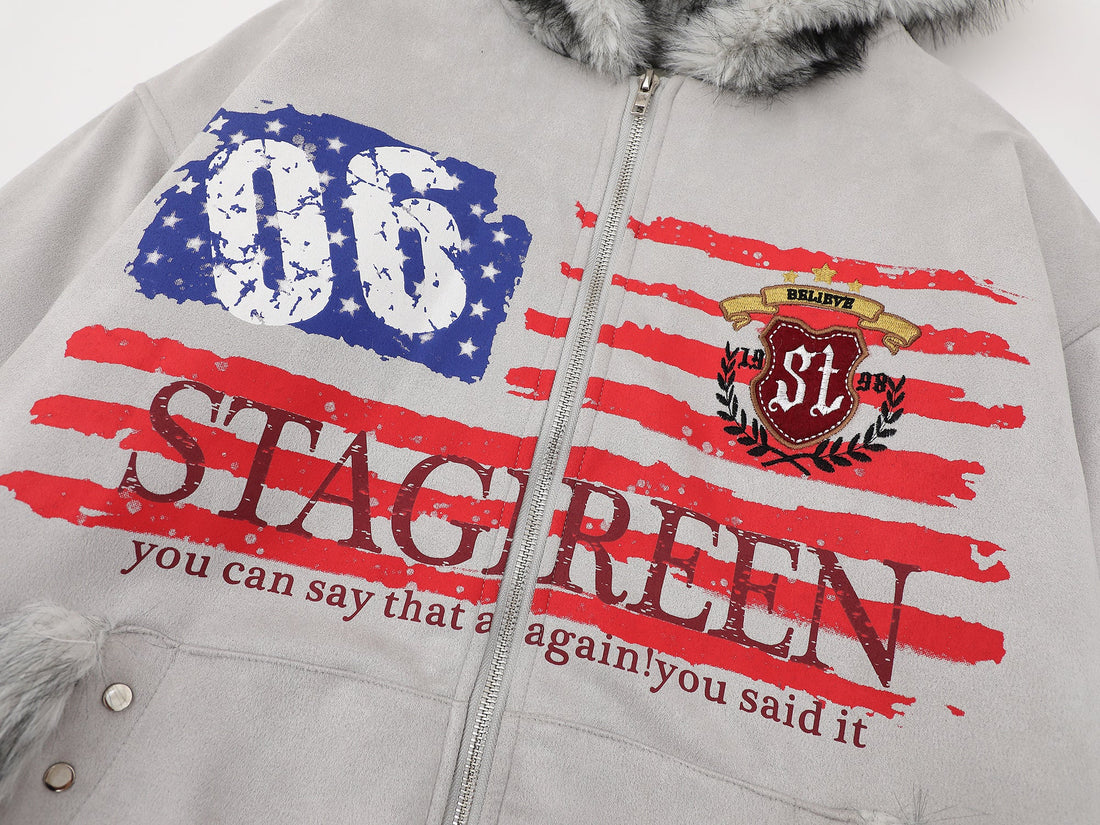 3-6-5.shop Flag Graphic Fur Hoodie Jacket