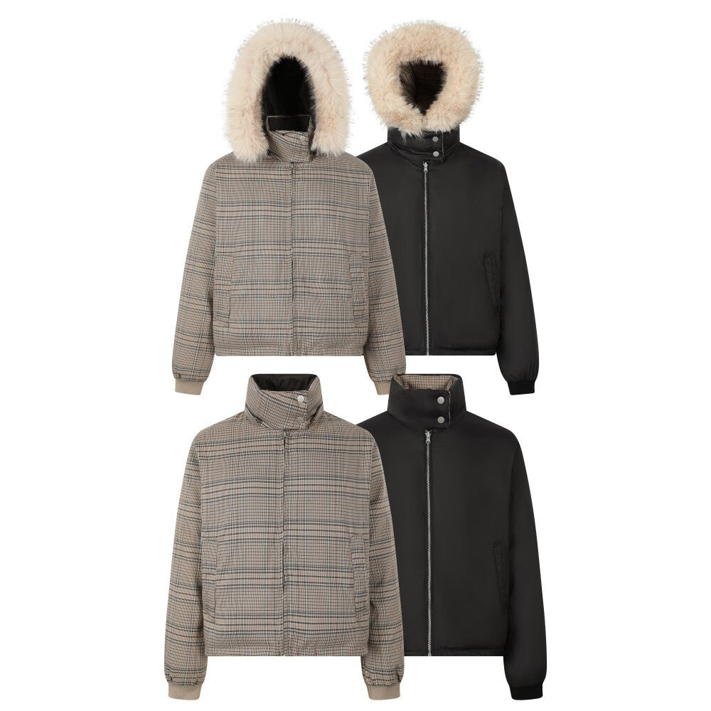 3-6-5.shop Reversible Plaid Fur Hooded Jacket