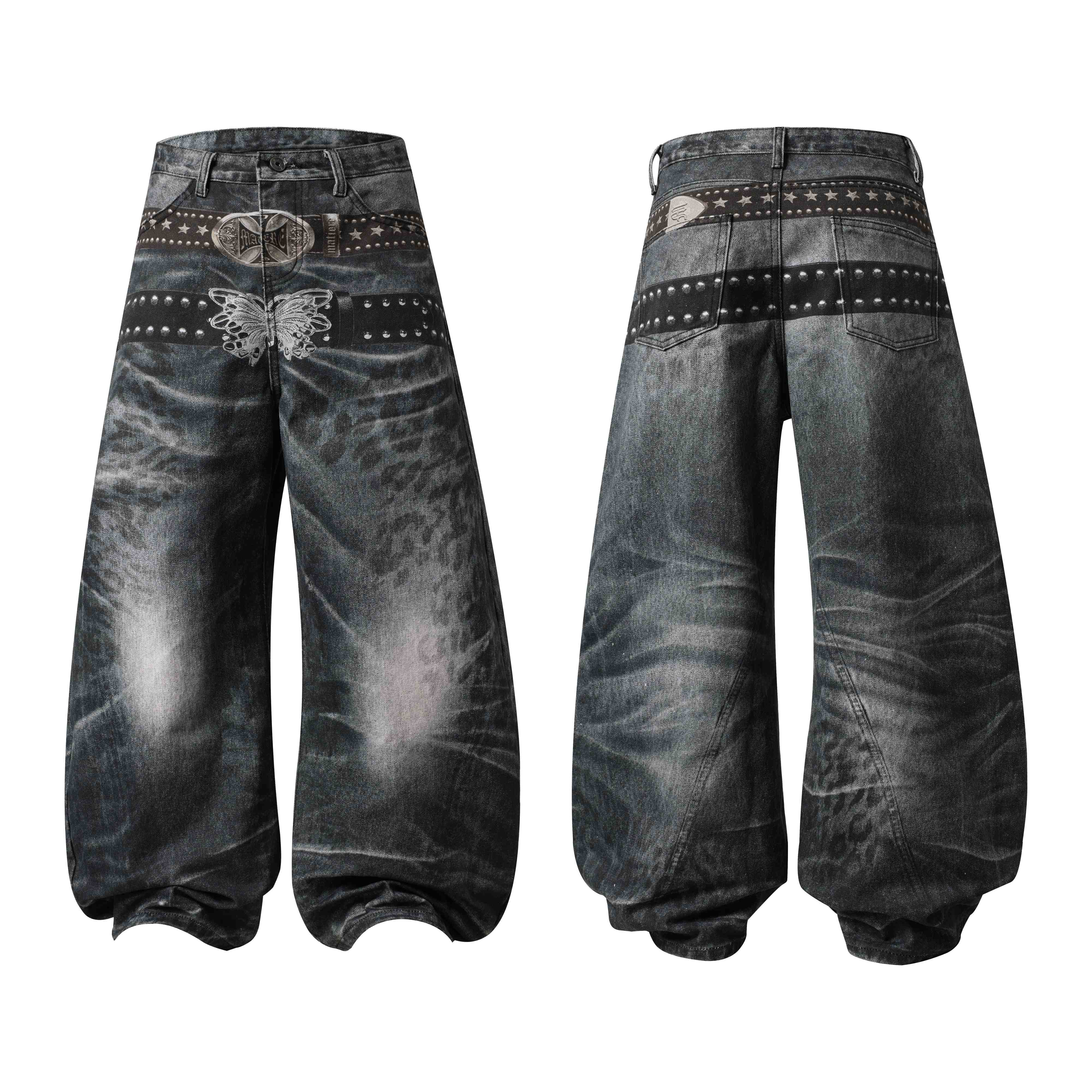 3-6-5.shop Washed Studded Wide-Leg Jeans