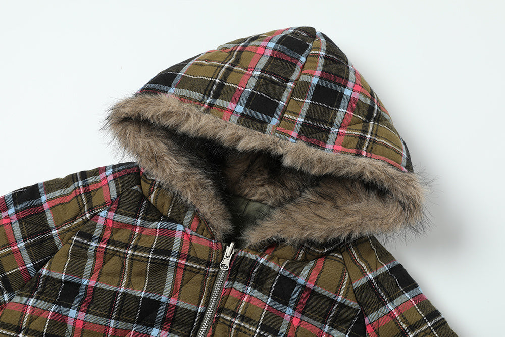 3-6-5.shop Reversible Plaid Fur Hooded Jacket