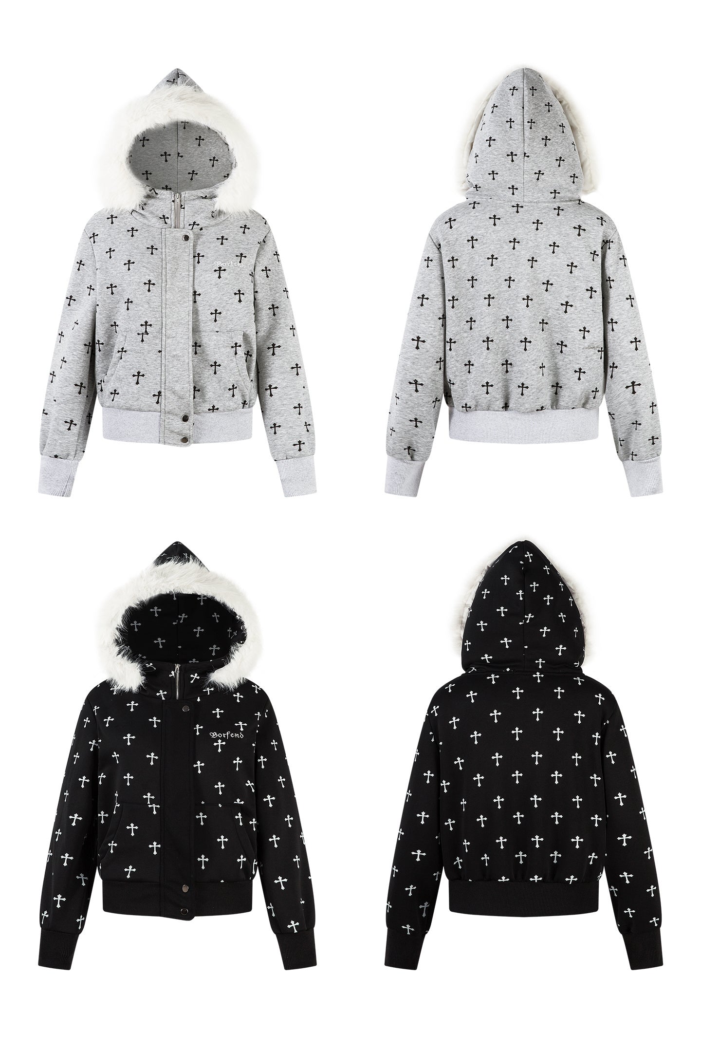 3-6-5.shop Cross Print Faux Fur Hooded Jacket