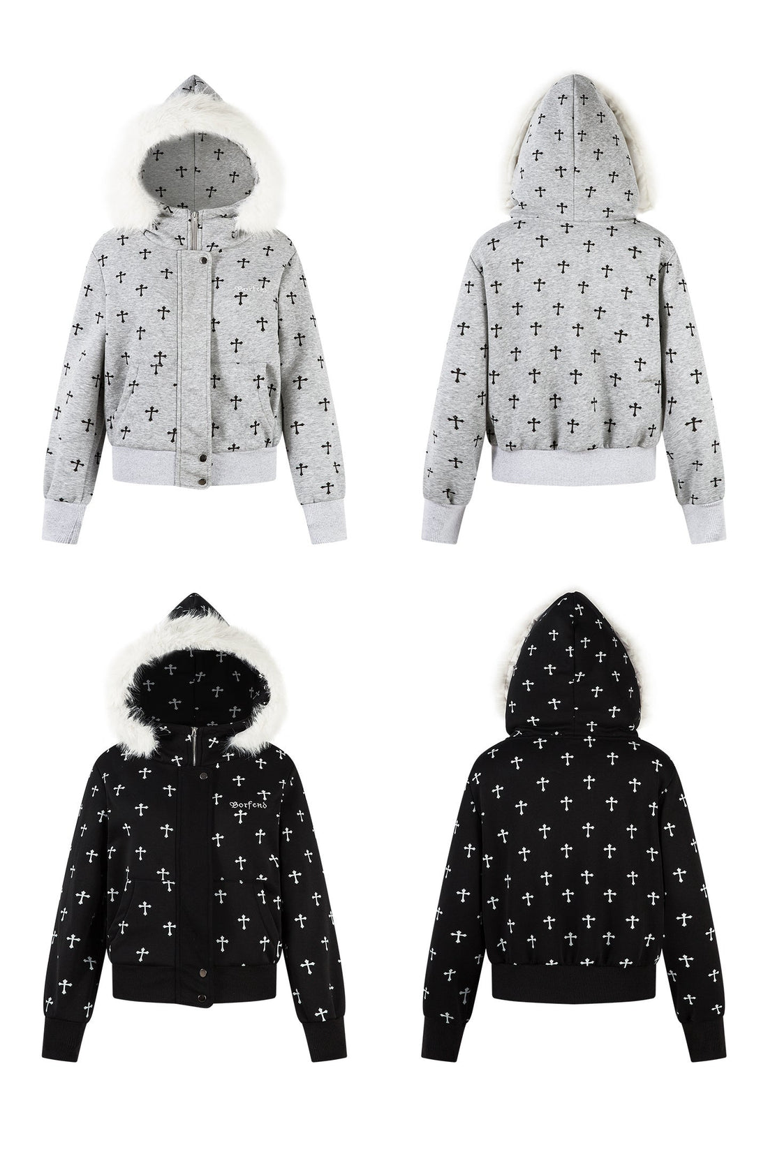 3-6-5.shop Cross Print Faux Fur Hooded Jacket