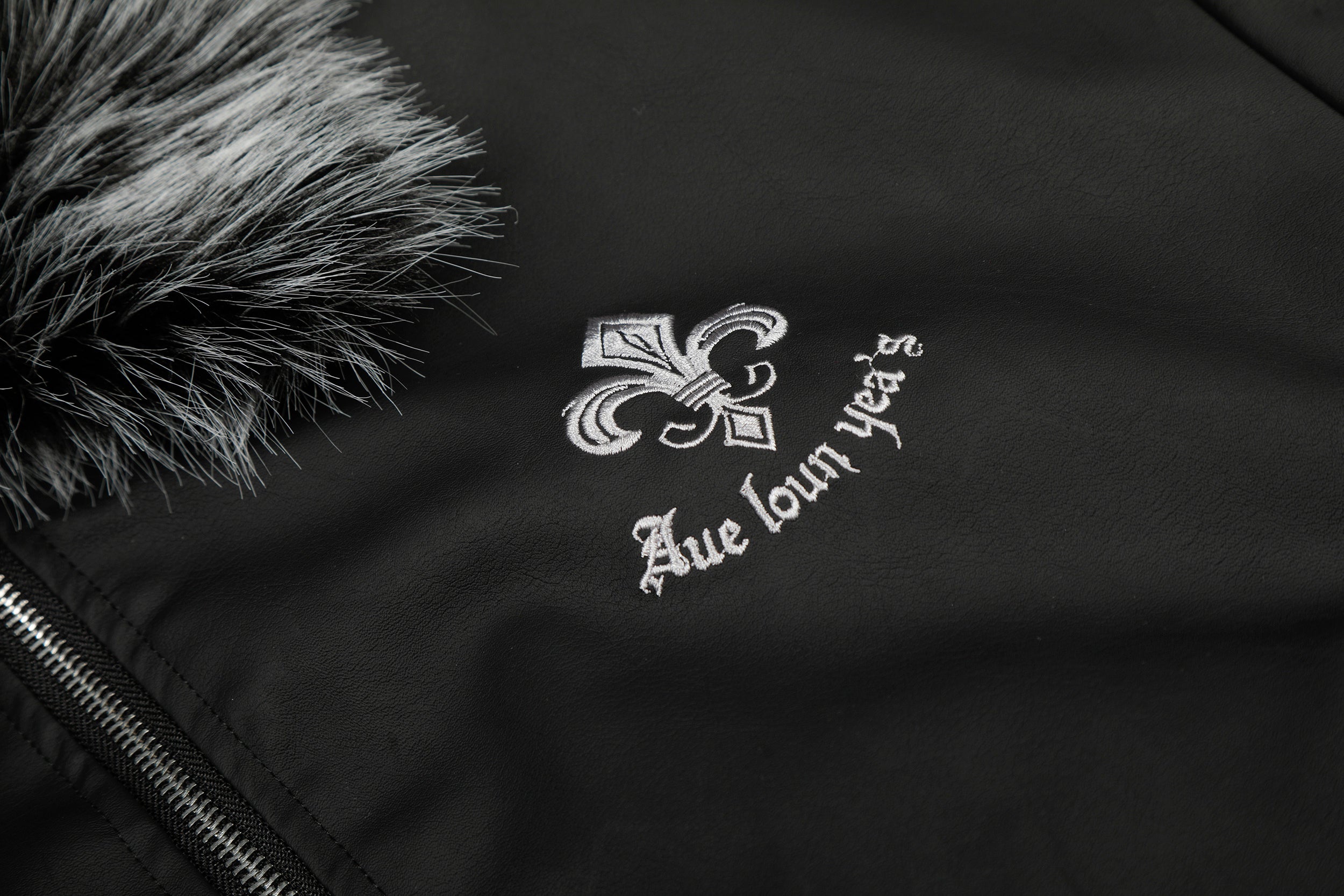 3-6-5.shop Faux Fur Collar PU Embroidered Bomber Jacket