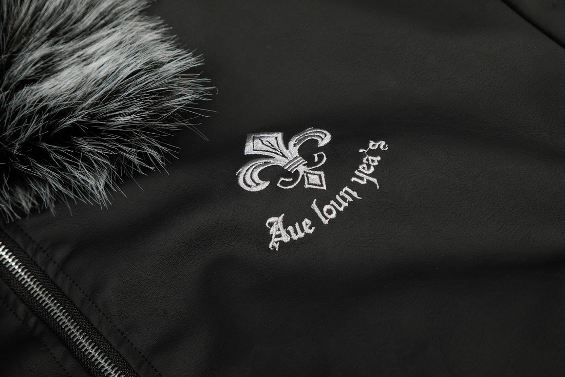 3-6-5.shop Faux Fur Collar PU Embroidered Bomber Jacket