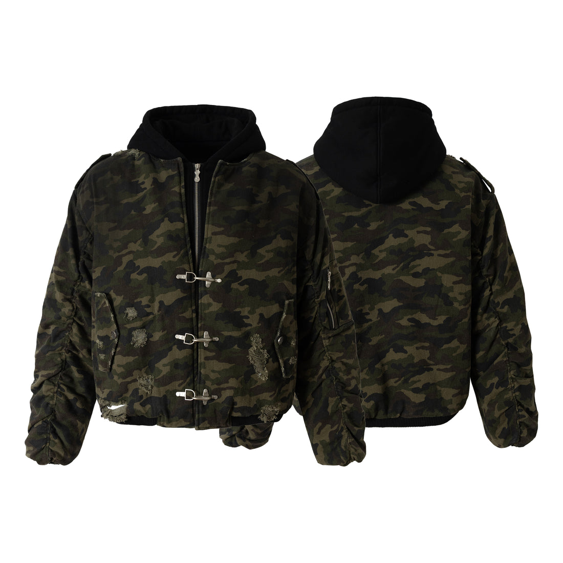 3-6-5.shop Camo Hook Detail Distressed Jacket