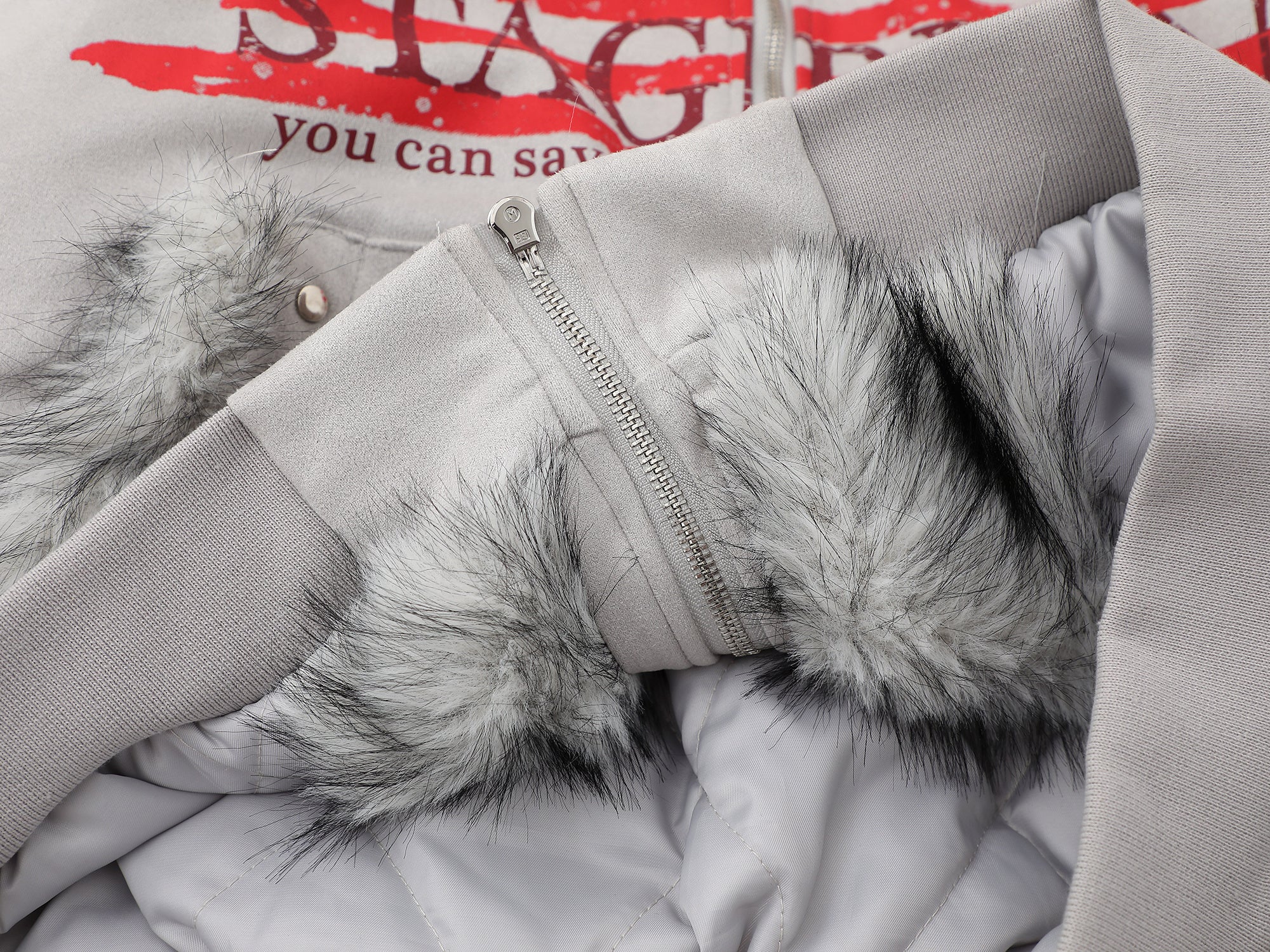 3-6-5.shop Flag Graphic Fur Hoodie Jacket