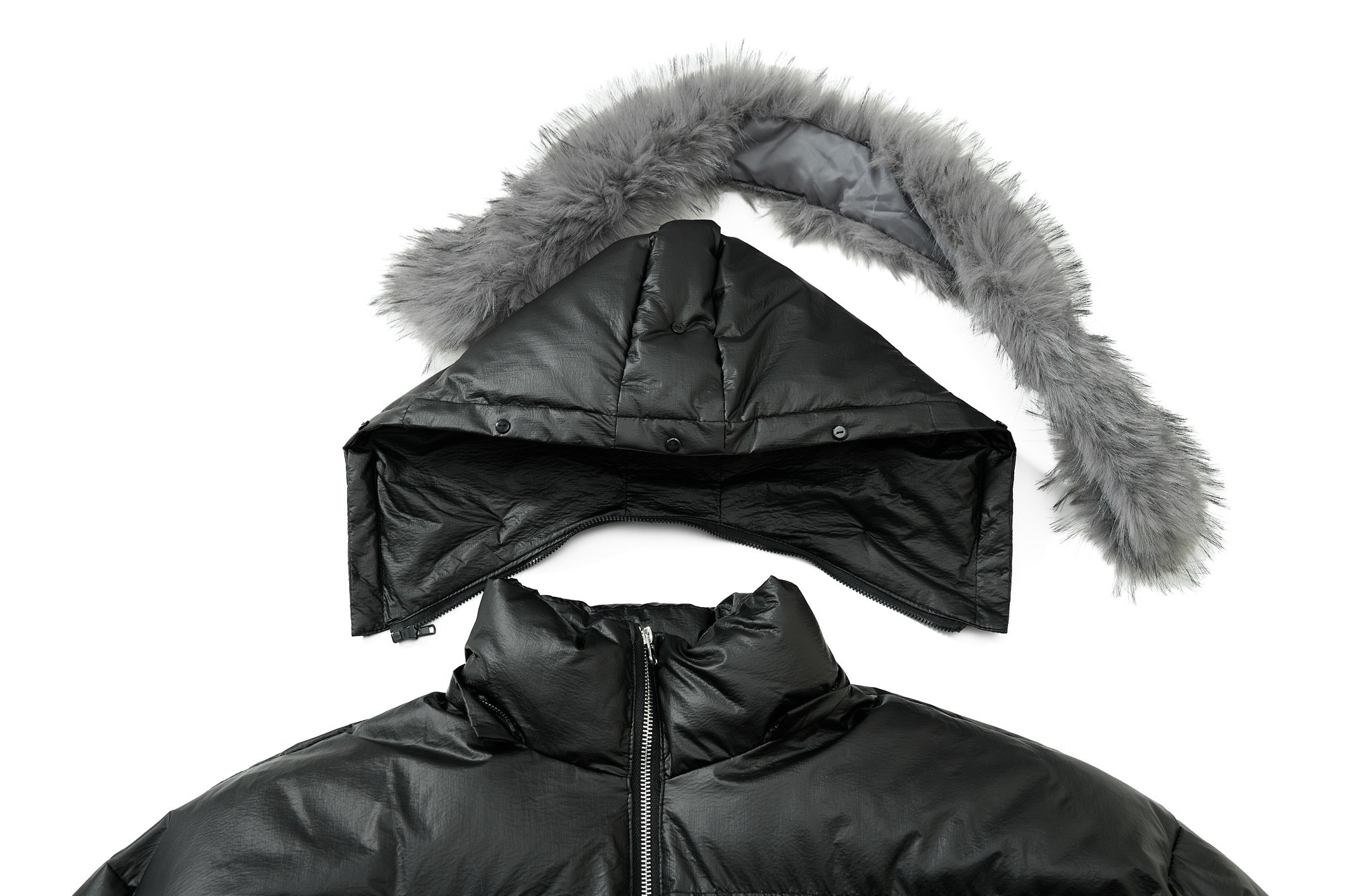3-6-5.shop Shiny Fur-Trim Embroidered Puffer Jacket