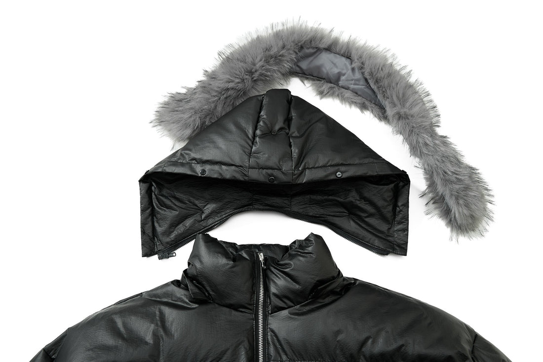 3-6-5.shop Shiny Fur-Trim Embroidered Puffer Jacket