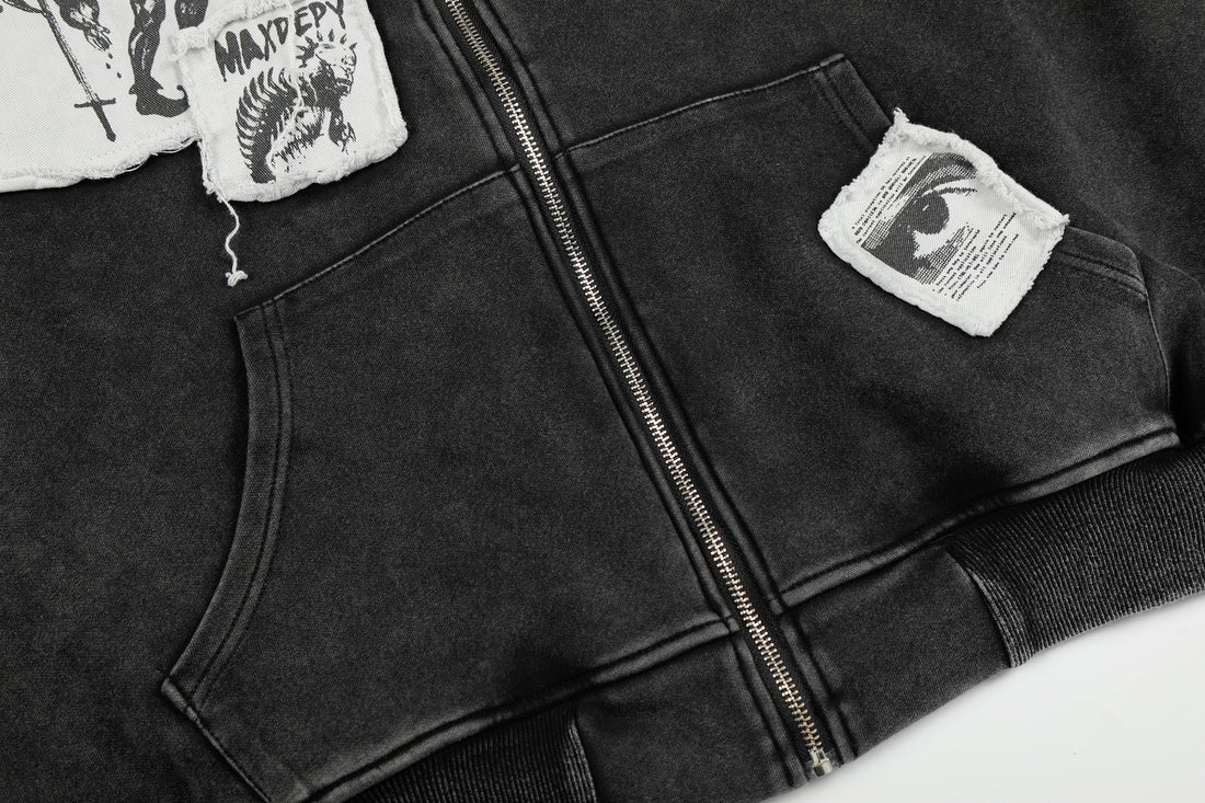 3-6-5.shop Distressed Graphic Zip Hoodie
