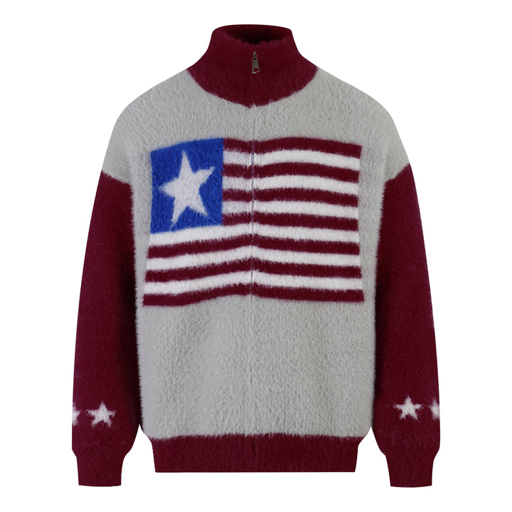 3-6-5.shop Flag Pattern Fuzzy Half-Zip Sweater