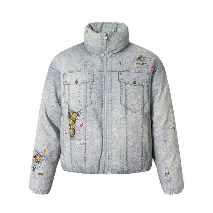 3-6-5.shop Patchwork Distressed Denim Puffer Jacket