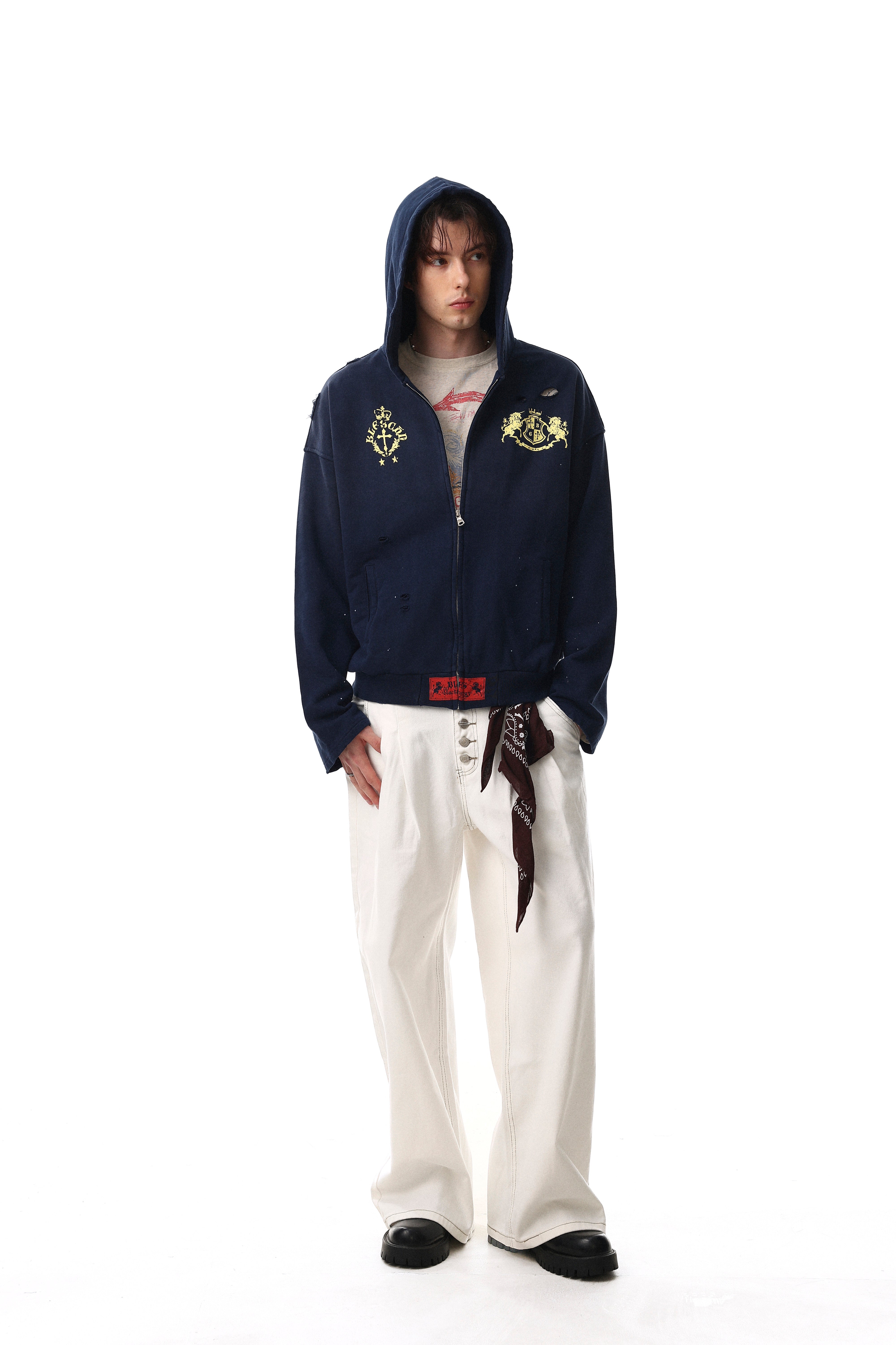 3-6-5.shop Distressed Crest Zip-Up Hoodie