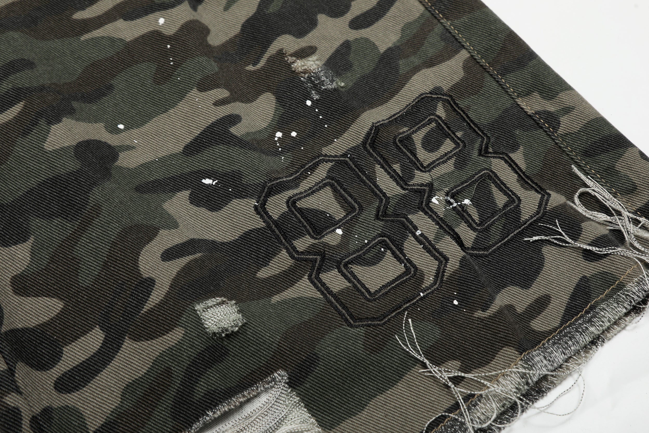 3-6-5.shop Camo Distressed Utility Denim Shorts