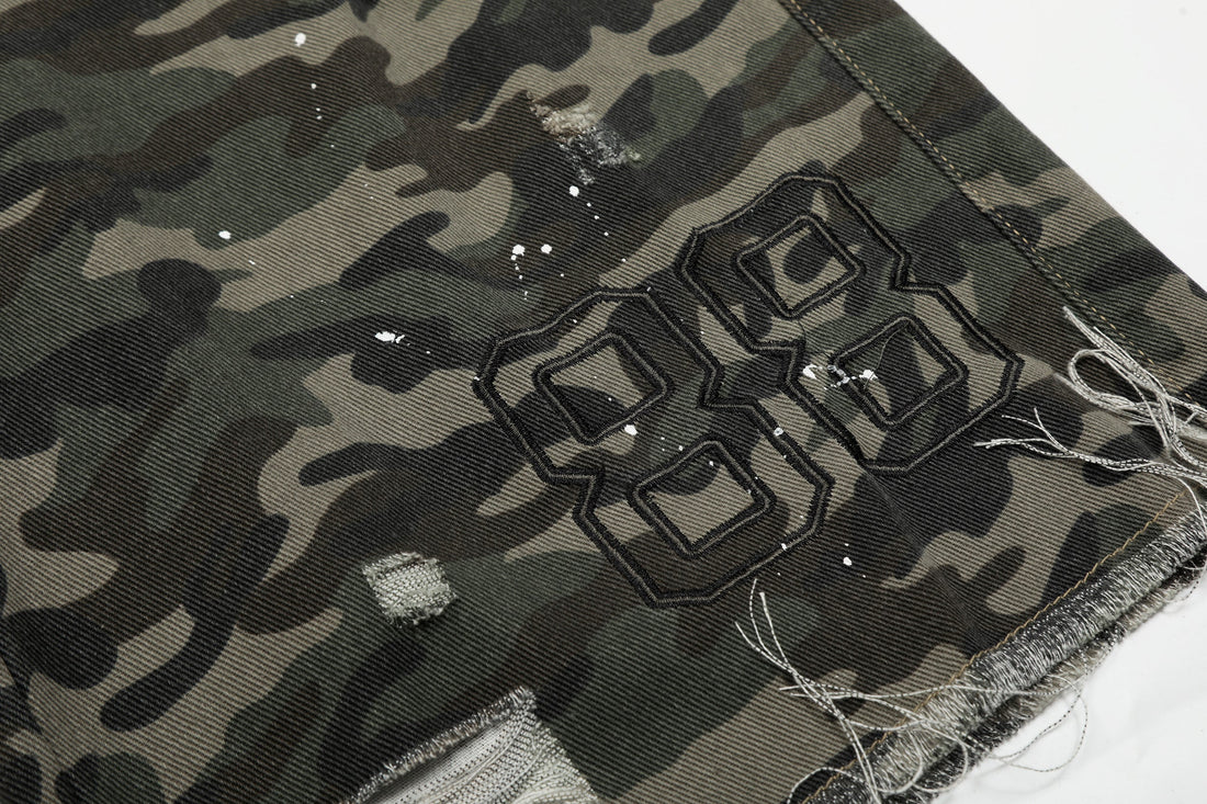 3-6-5.shop Camo Distressed Utility Denim Shorts