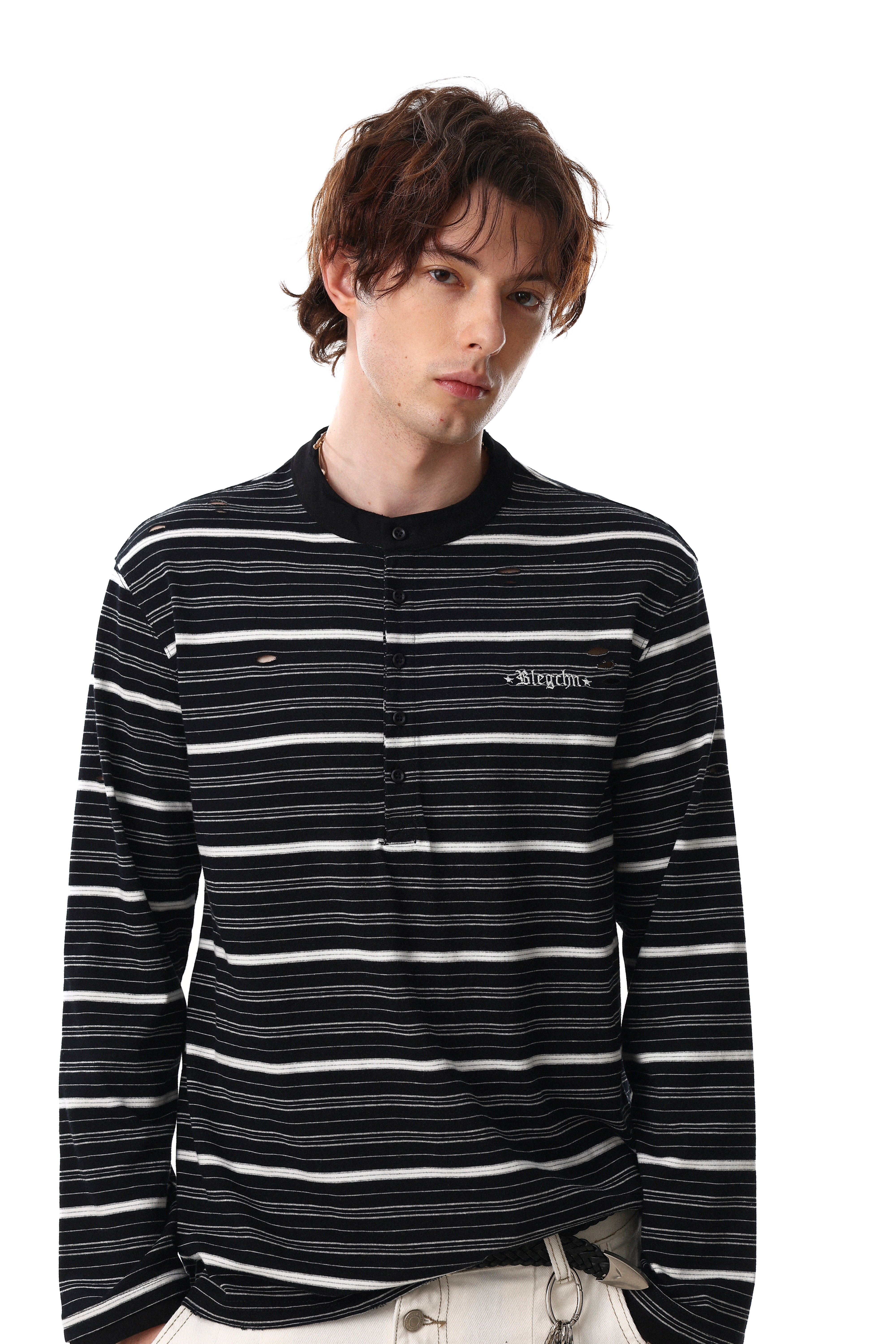 3-6-5.shop Striped Henley Long Sleeve Tee