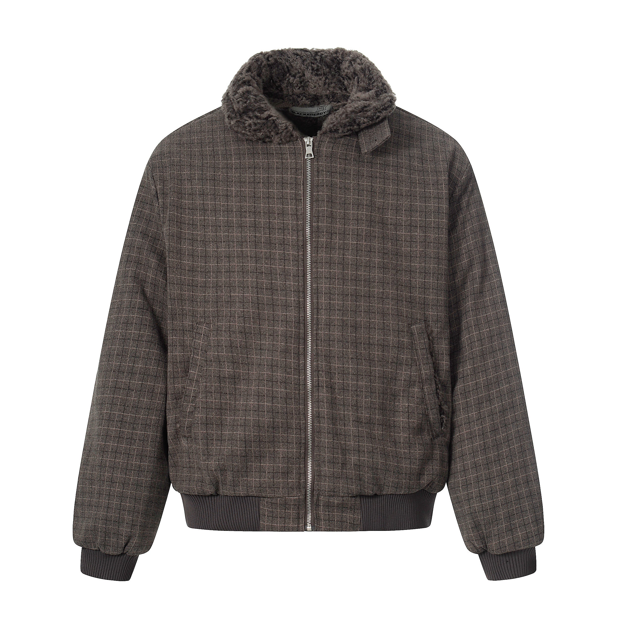 3-6-5.shop Check Pattern Faux Fur Collar Jacket