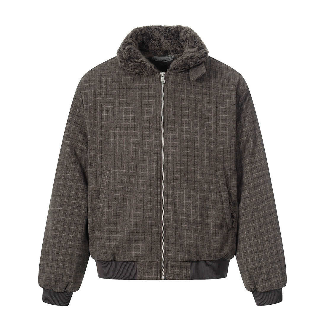 3-6-5.shop Check Pattern Faux Fur Collar Jacket