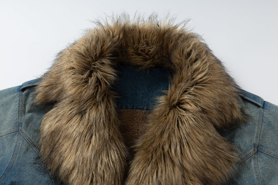 3-6-5.shop Faux-Fur Collar Denim Jacket
