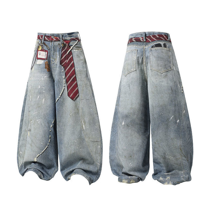 3-6-5.shop Tie-Detailed Washed Barrel Jeans