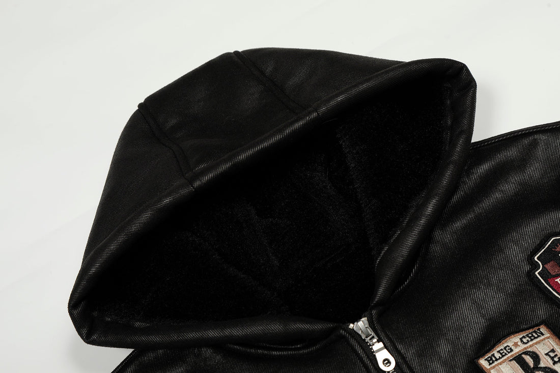 3-6-5.shop Badge PU Leather Hooded Jacket