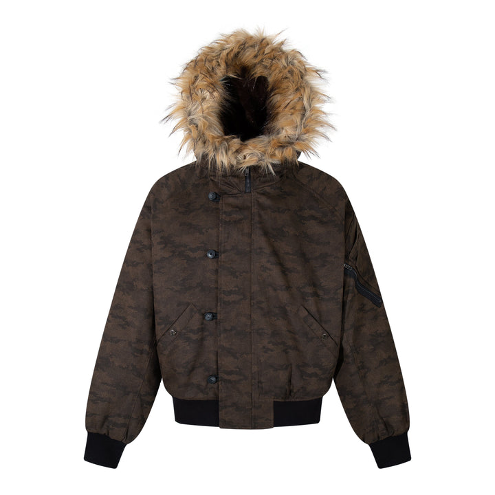 3-6-5.shop Camo Fur Hood Bomber Jacket