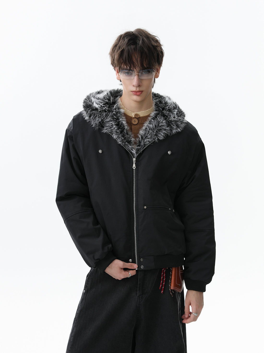 3-6-5.shop Faux Fur Hood Utility Bomber Jacket