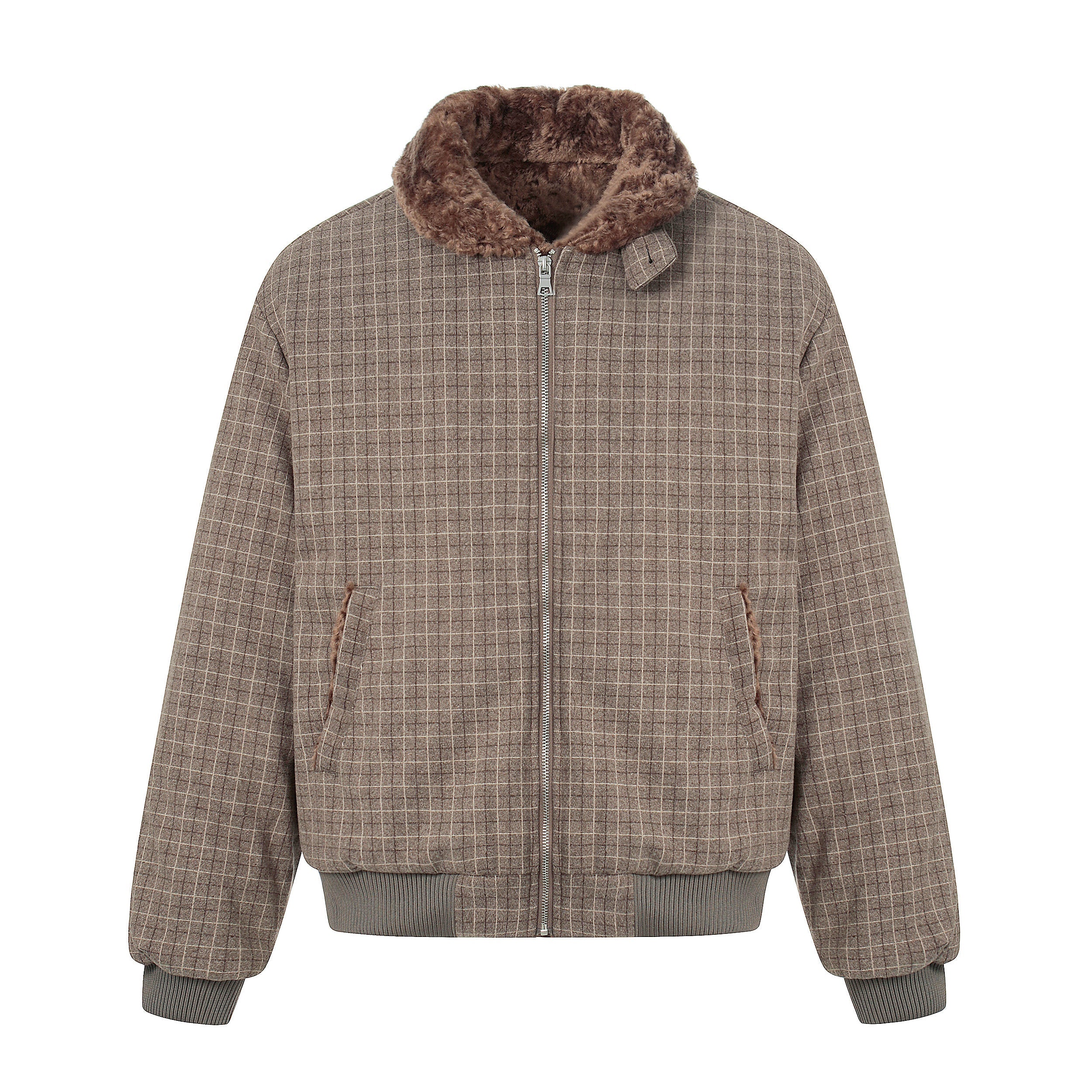 3-6-5.shop Check Pattern Faux Fur Collar Jacket