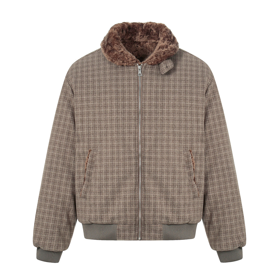 3-6-5.shop Check Pattern Faux Fur Collar Jacket