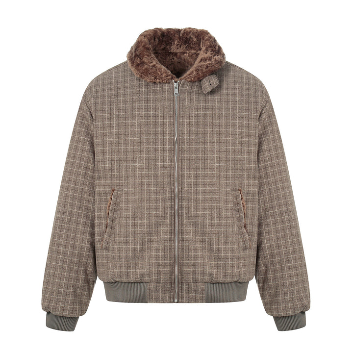 3-6-5.shop Check Pattern Faux Fur Collar Jacket