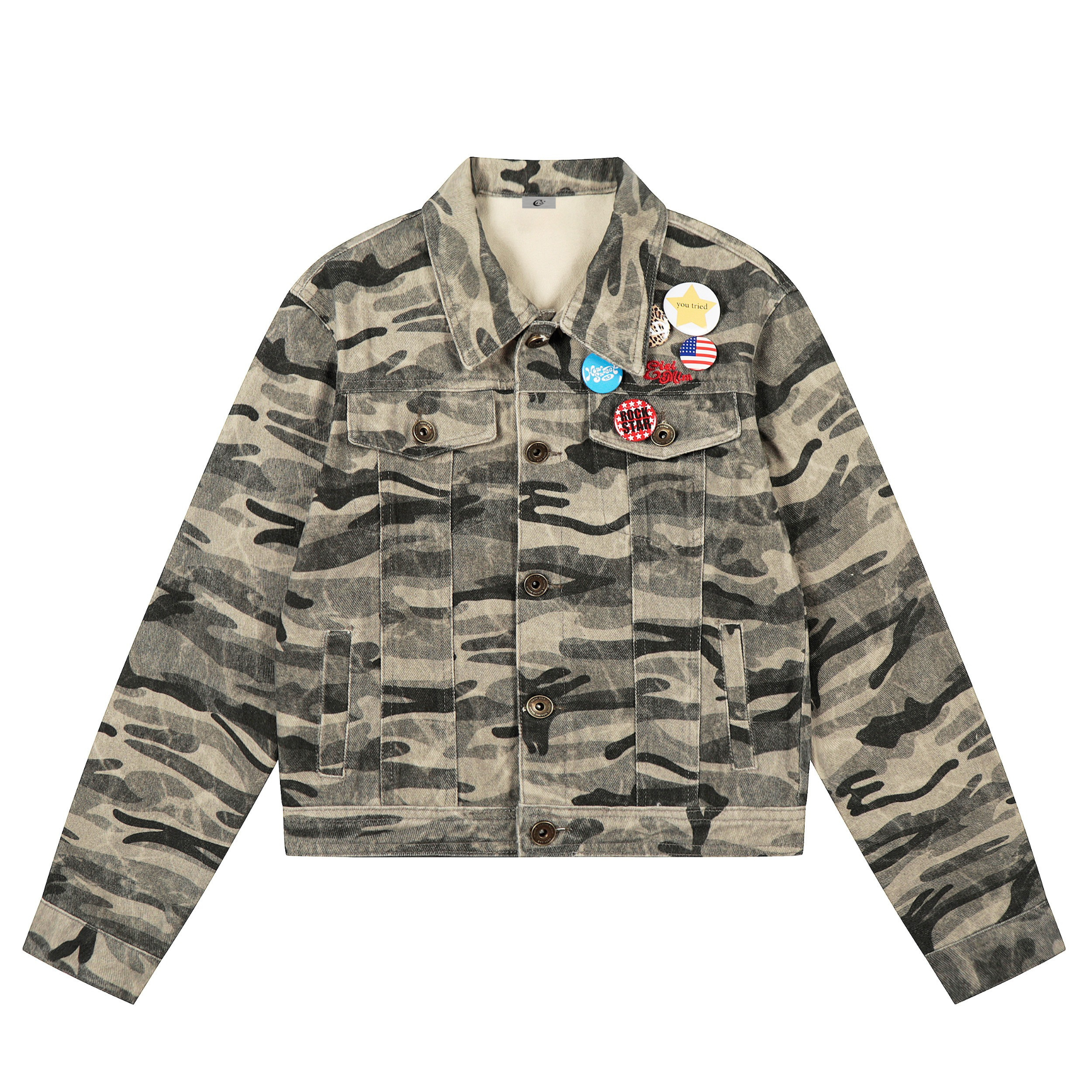 3-6-5.shop Camo Badge Denim Jacket