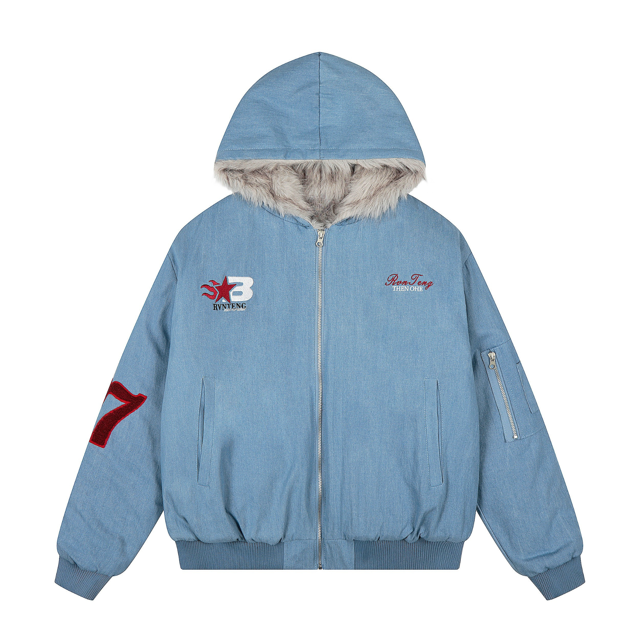 3-6-5.shop “97 Denim Varsity Hooded Jacket”