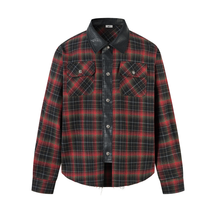 3-6-5.shop Plaid Faux-Leather Trim Flannel Shirt Jacket