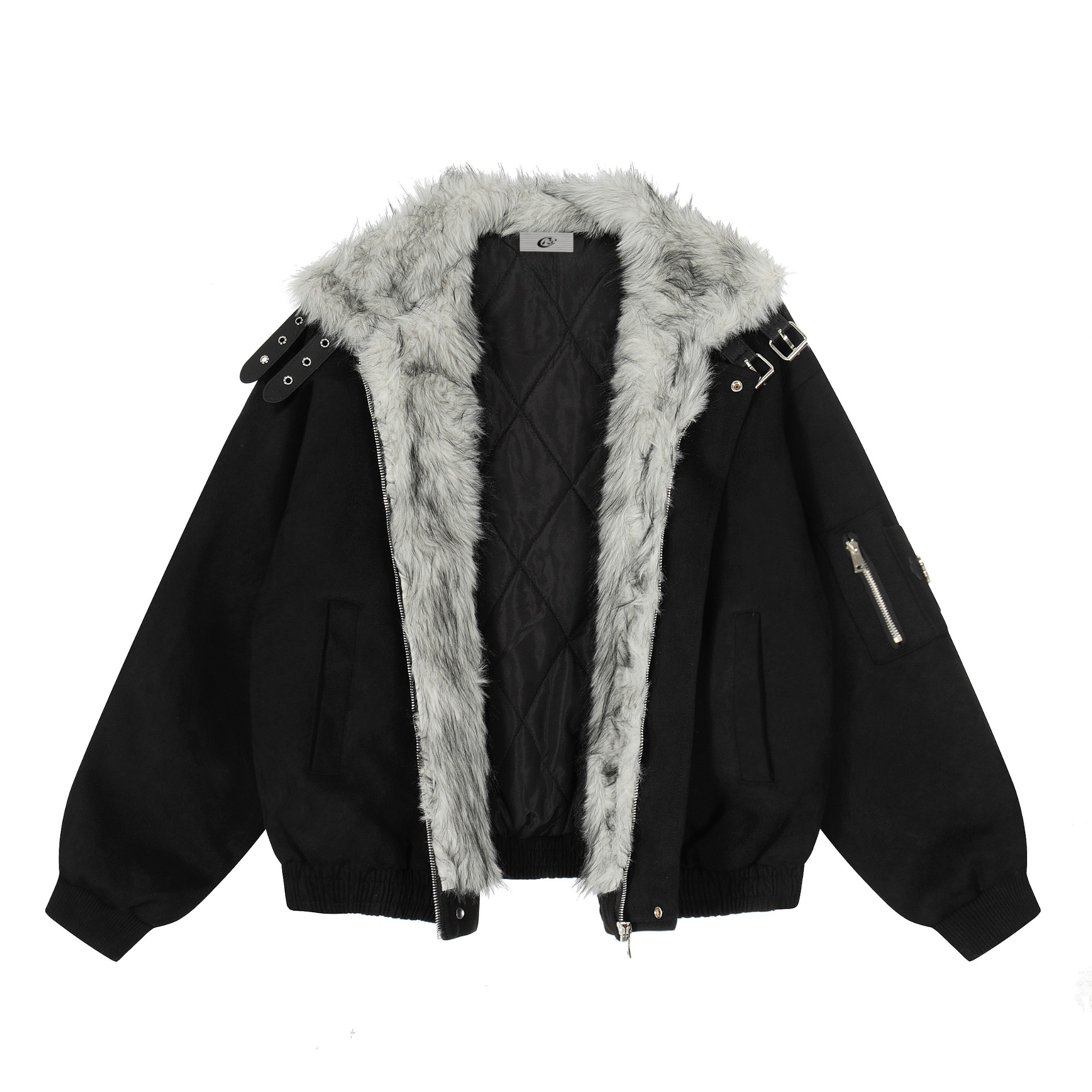 3-6-5.shop Faux Fur Collar Suede-Texture Buckle Bomber Jacket