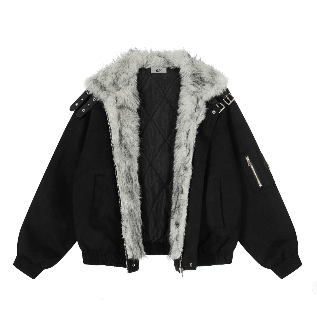 3-6-5.shop Faux Fur Collar Suede-Texture Buckle Bomber Jacket