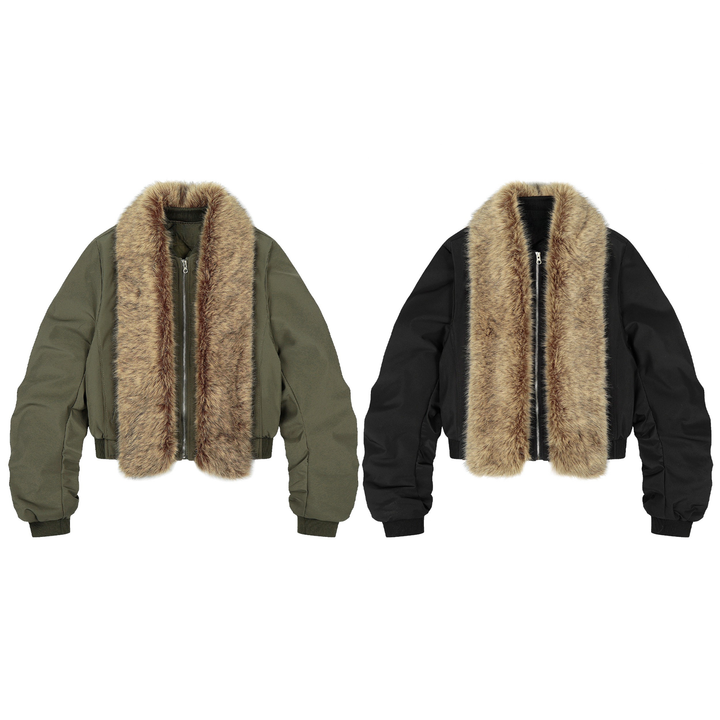 3-6-5.shop Detachable Faux Fur Scarf Bomber Jacket