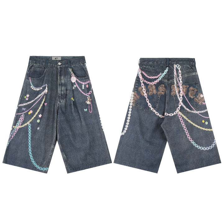 3-6-5.shop Chain Graffiti Denim Shorts