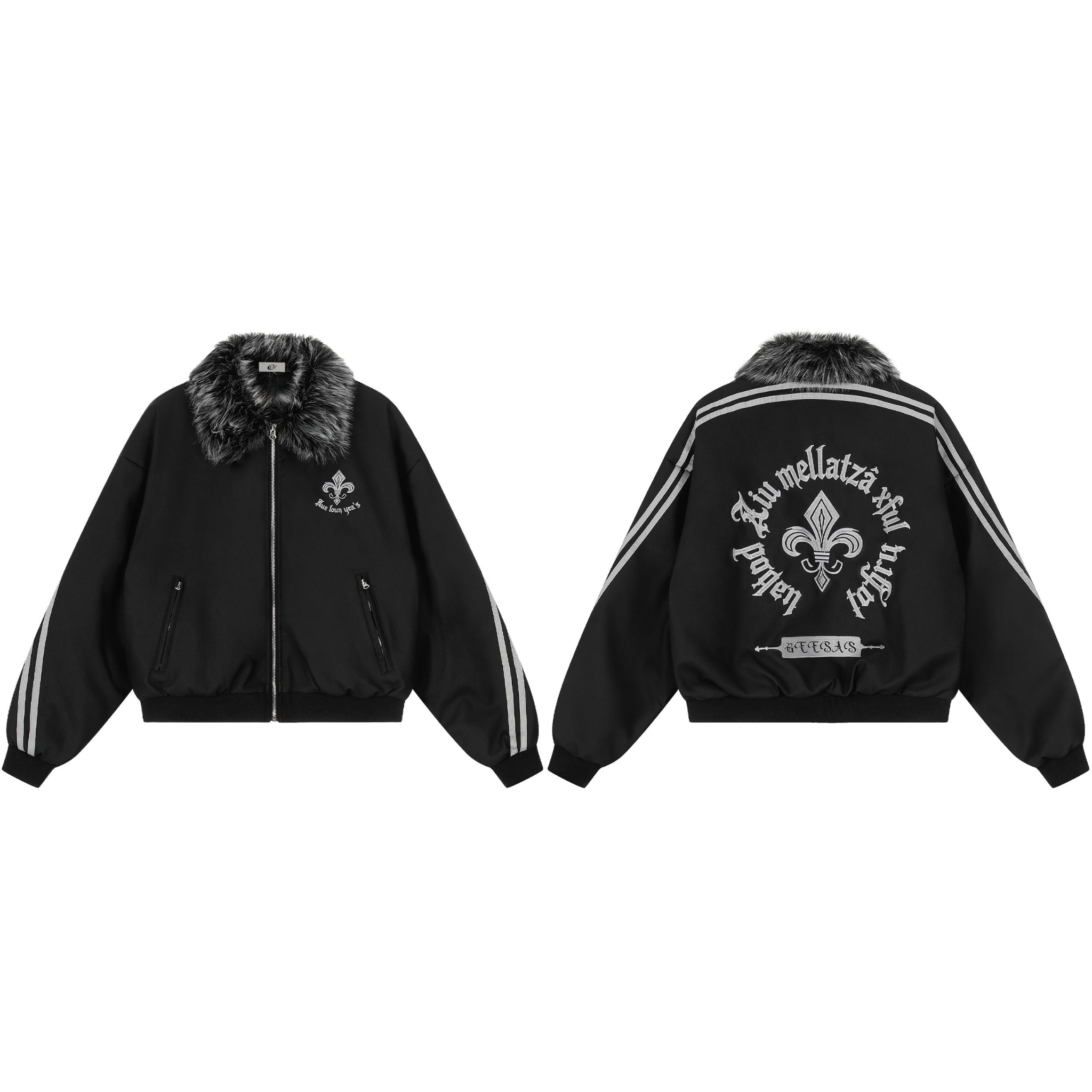 3-6-5.shop Faux Fur Collar PU Embroidered Bomber Jacket