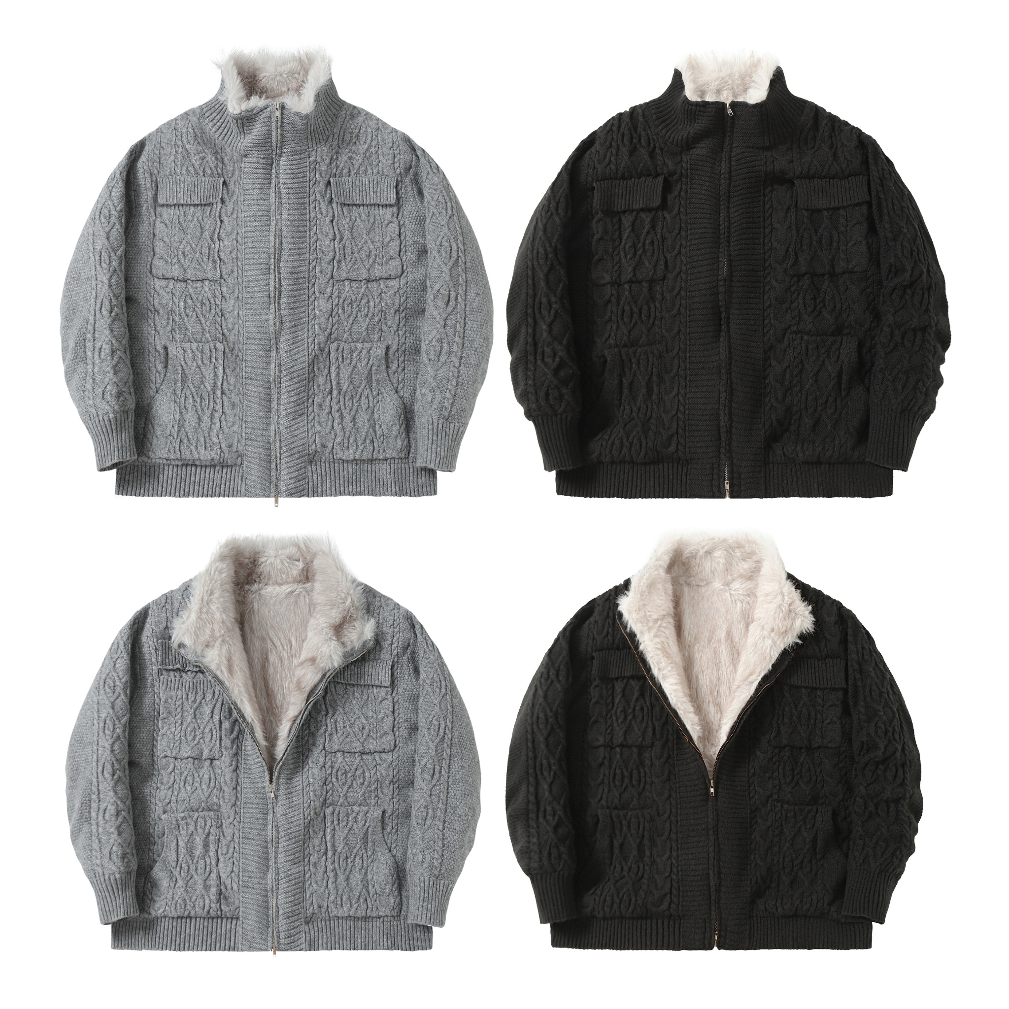 3-6-5.shop Fleece-Lined Cable Knit Jacket