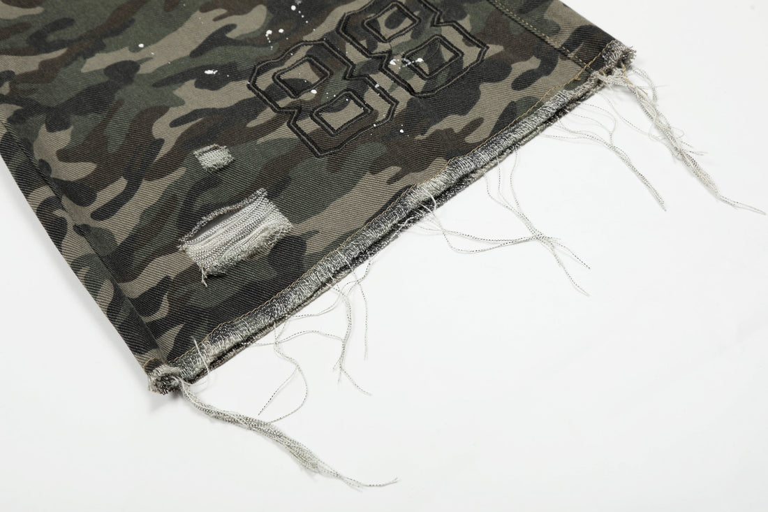 3-6-5.shop Camo Distressed Utility Denim Shorts