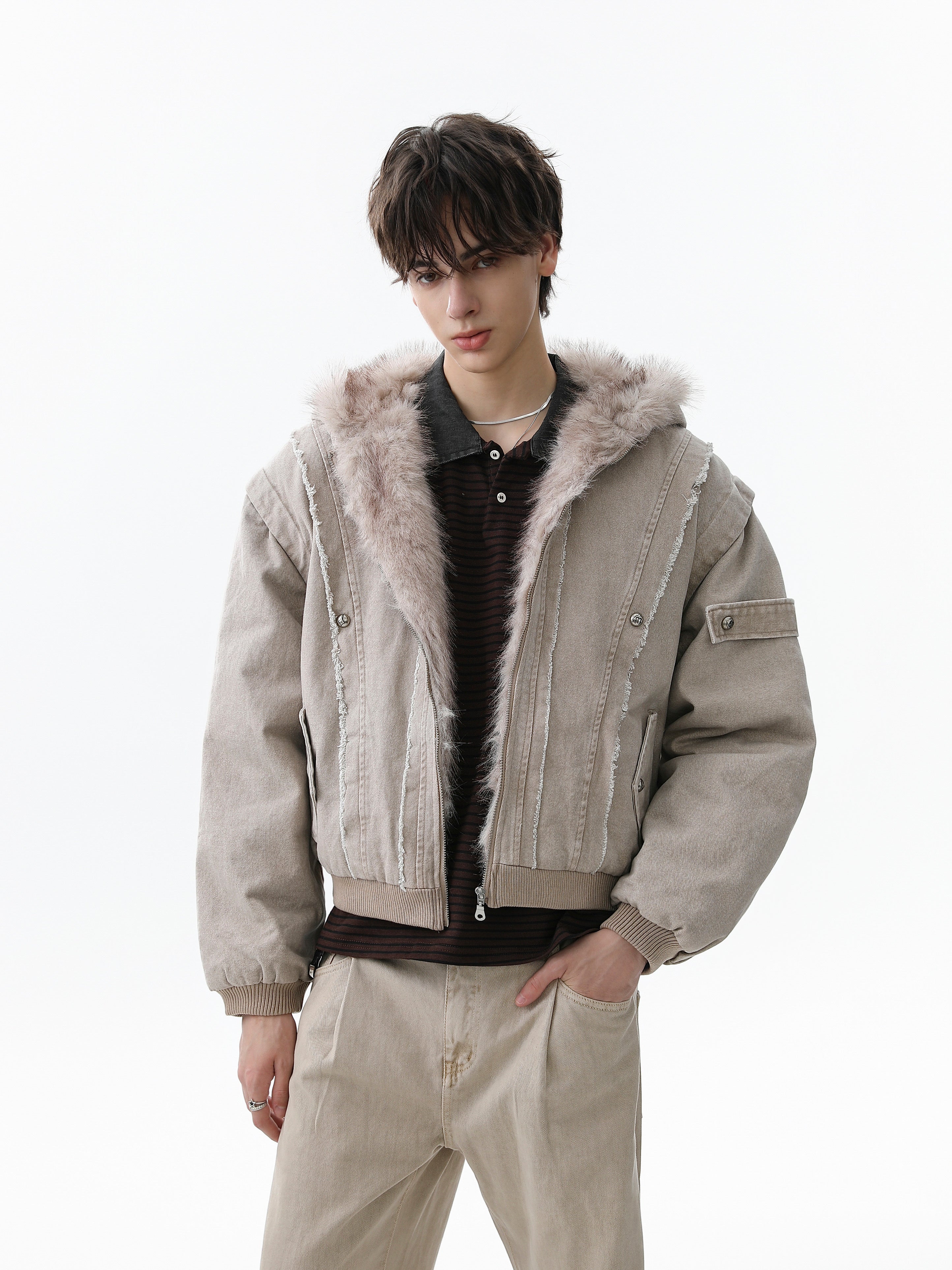 3-6-5.shop Washed Shearling-Lined Denim Hooded Jacket