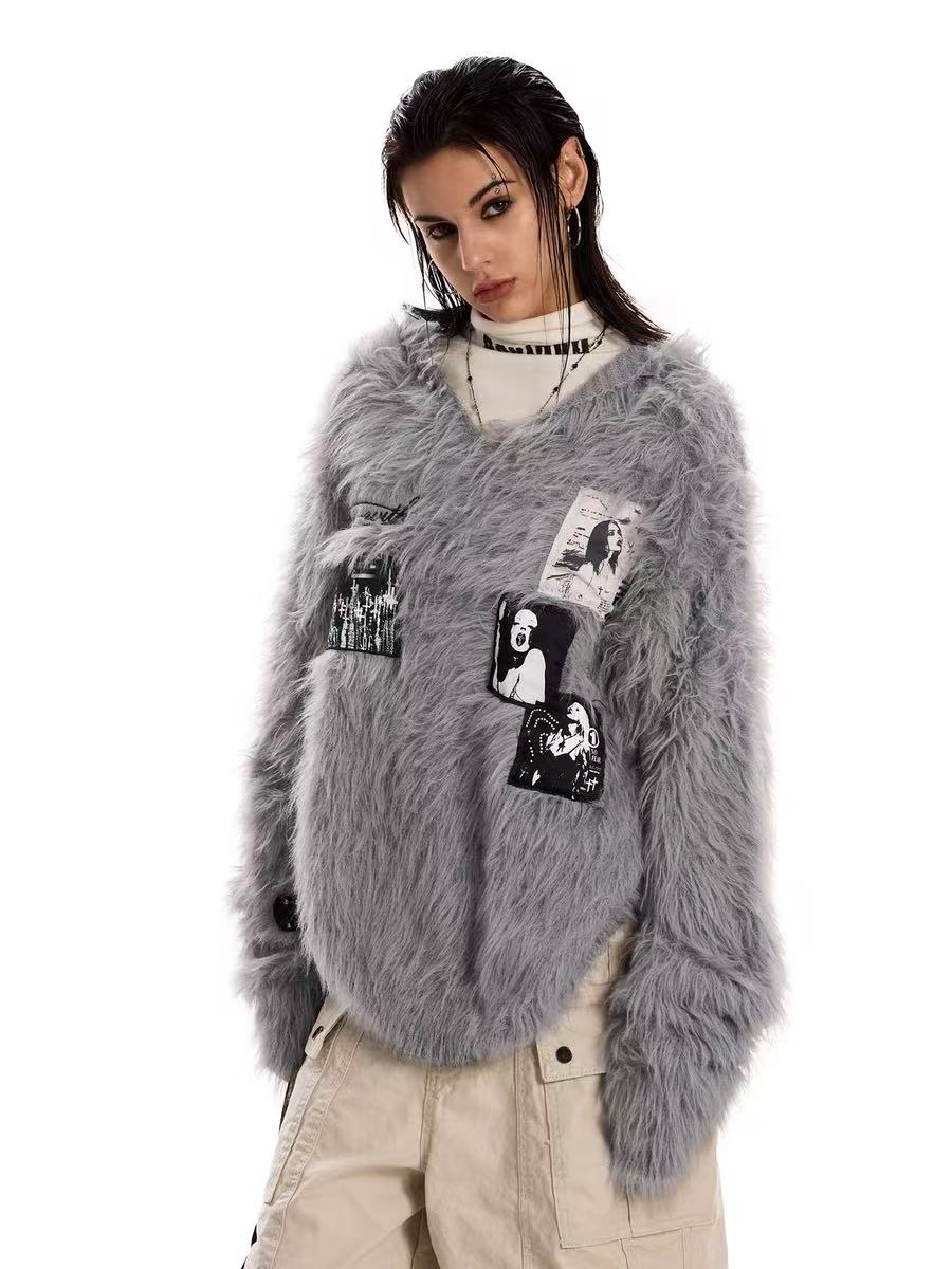 3-6-5.shop Fuzzy Patch Knit Sweater
