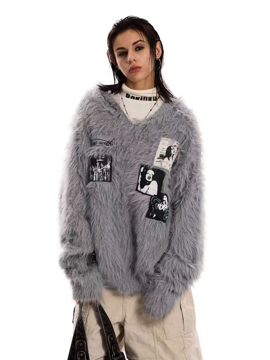 3-6-5.shop Fuzzy Patch Knit Sweater