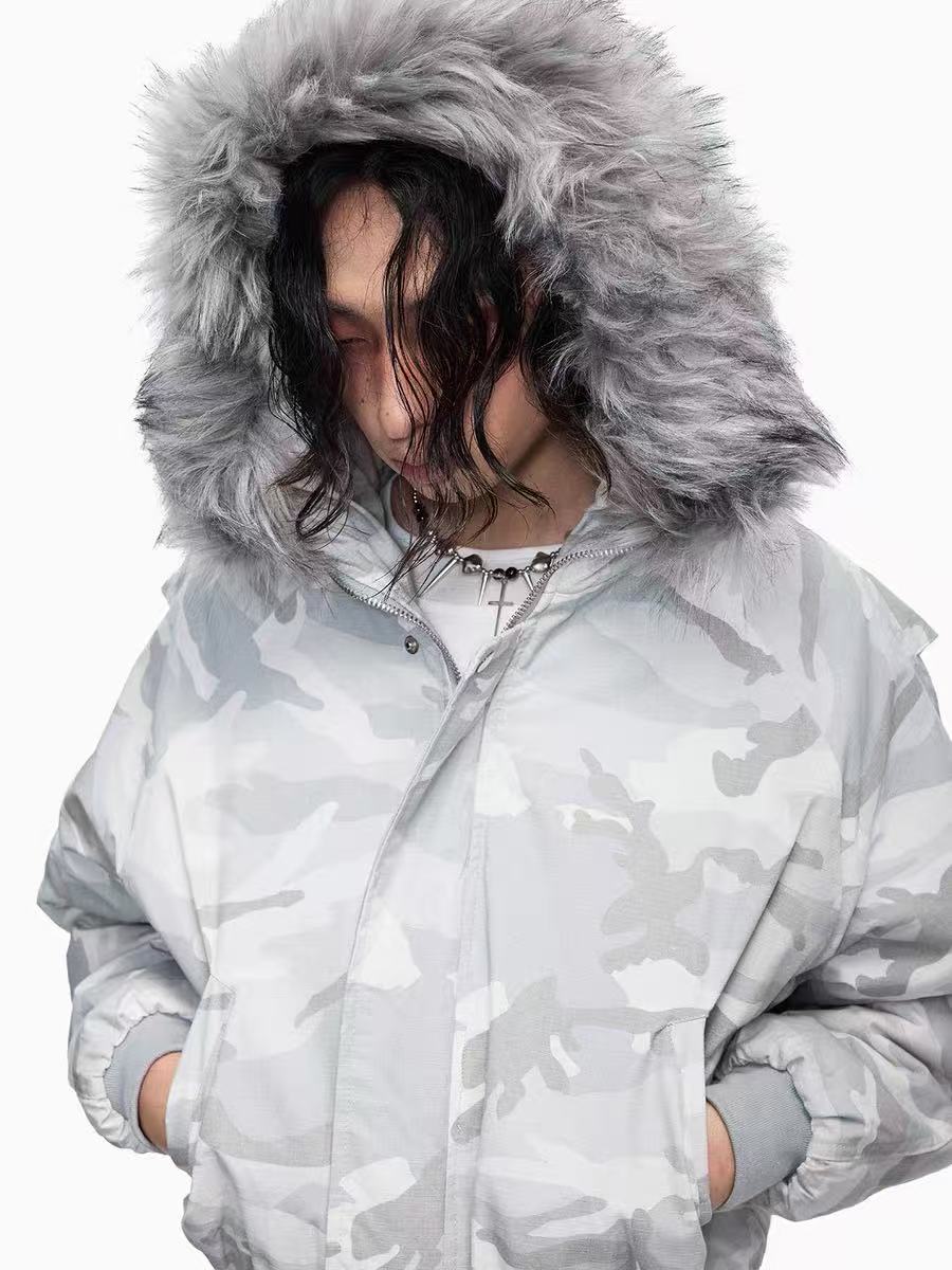 3-6-5.shop White Camo Faux Fur Hooded Padded Jacket