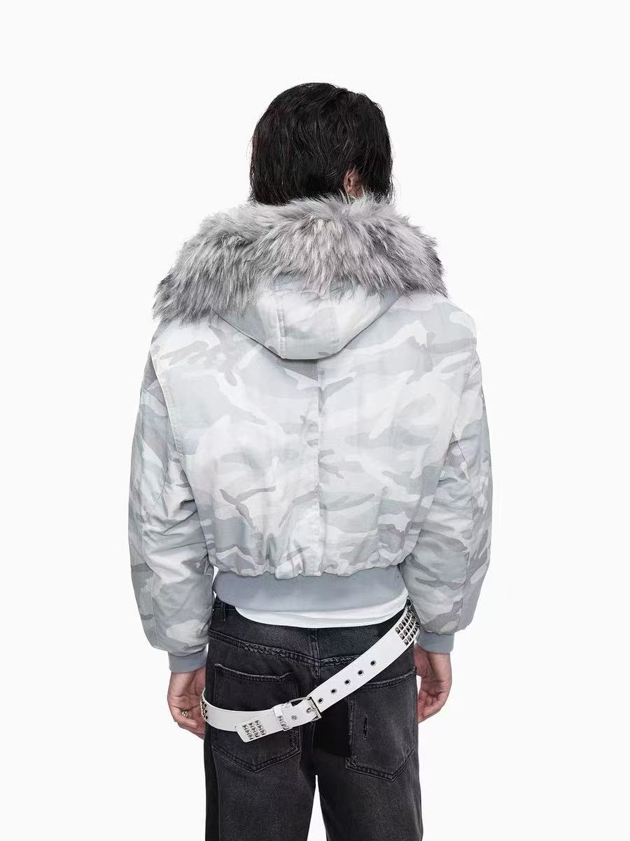 3-6-5.shop White Camo Faux Fur Hooded Padded Jacket