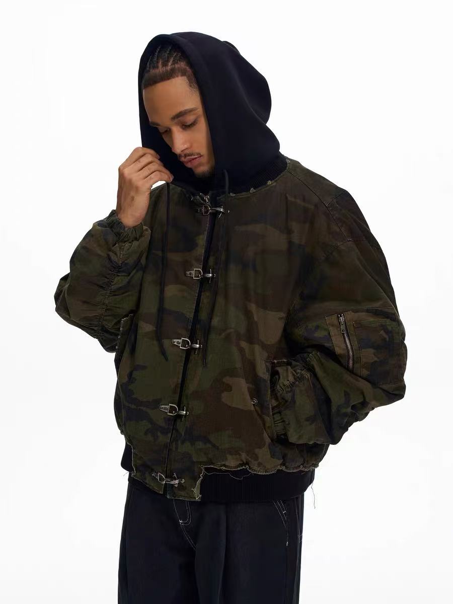 3-6-5.shop Camo Hook Detail Distressed Jacket