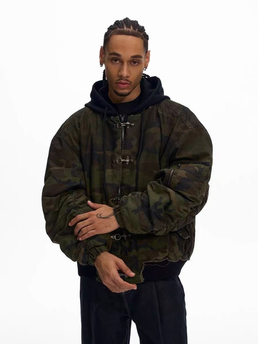 3-6-5.shop Camo Hook Detail Distressed Jacket