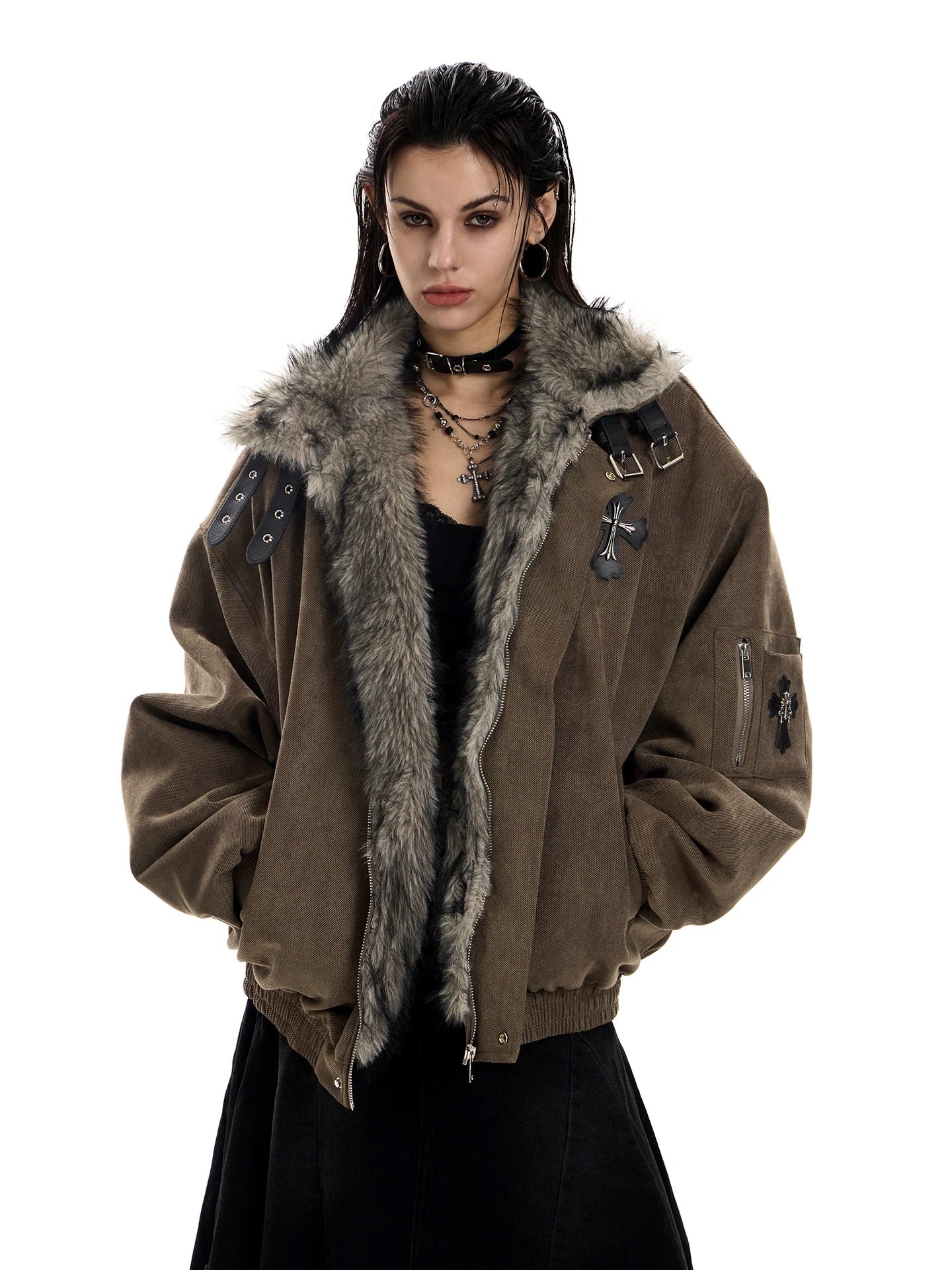 3-6-5.shop Faux Fur Collar Suede-Texture Buckle Bomber Jacket
