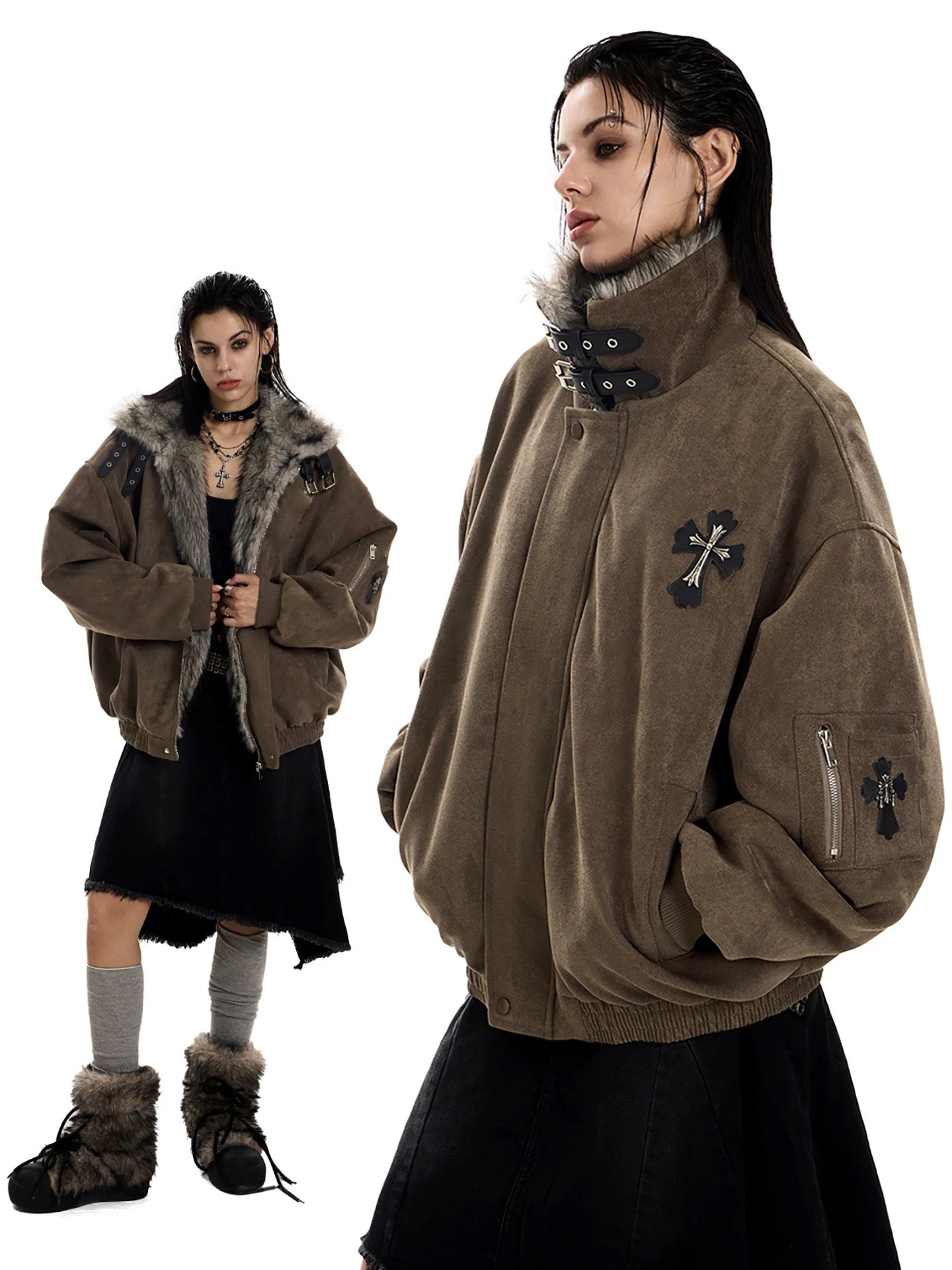 3-6-5.shop Faux Fur Collar Suede-Texture Buckle Bomber Jacket